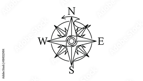 Vintage navigation compass with north south east west directions on white background for travel exploration and adventure concepts