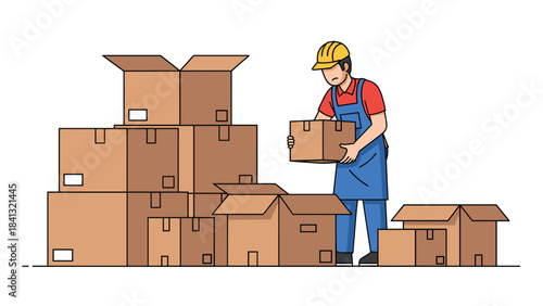 A cartoon illustration of a worker in overalls and a hard hat stacking and moving cardboard boxes in a warehouse or storage area with various sized boxes