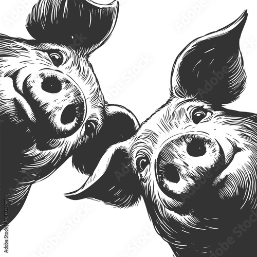 playful pigs peeking down with big eyes and snouts in a circular arrangement sketch engraving generative ai vector illustration. Scratch board imitation. Black and white image.