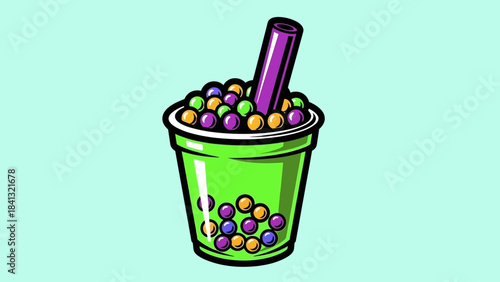 Illustration of a green bubble tea drink with colorful tapioca pearls and a purple straw.