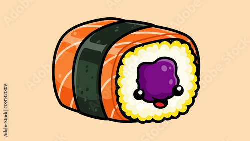 Cartoon sushi roll with salmon, seaweed, rice, and a purple filling.