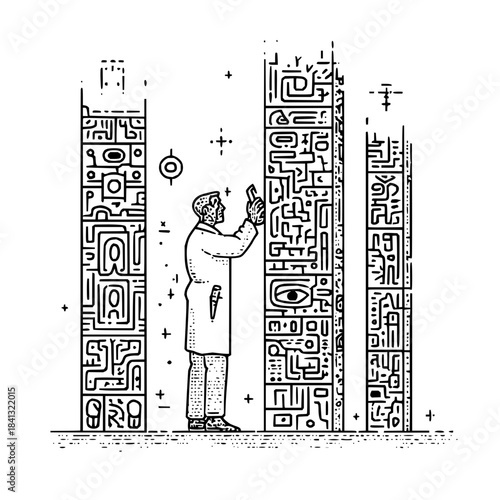 Scientist deciphers ancient glyphs on monoliths with a device in a futuristic setting scenario