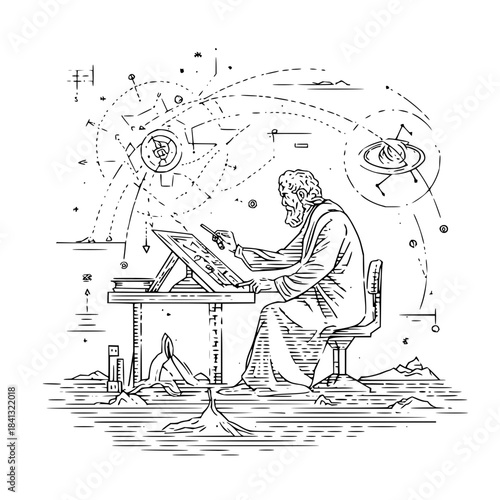 Man in robe drawing complex diagrams with pen and paper at a table in a surreal landscape
