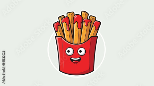 Cartoon french fries in a red container with ketchup and a happy face.