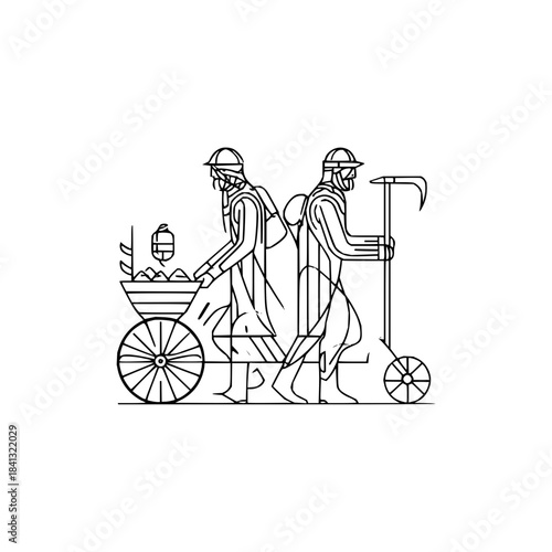 Workers transporting goods with cart and hand truck in line art style illustration for design 100