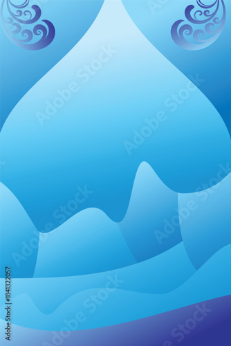 Serene blue gradient background with abstract mountain like shapes and decorative swirls at top peaceful and artistic illustration