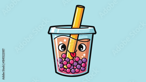 Cartoon bubble tea with a straw and tapioca pearls, set against a light blue background.