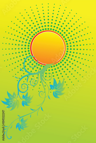 Bright green and yellow halftone background with orange circular frame and elegant turquoise floral vine elements vibrant graphic design