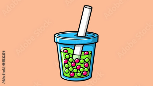 Illustration of a blue plastic cup filled with green liquid and pink tapioca pearls, with a white straw.