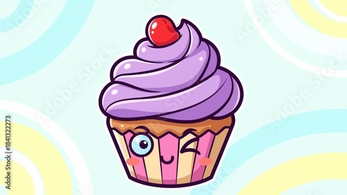 Cartoon cupcake with purple frosting, cherry on top, and a winking face.