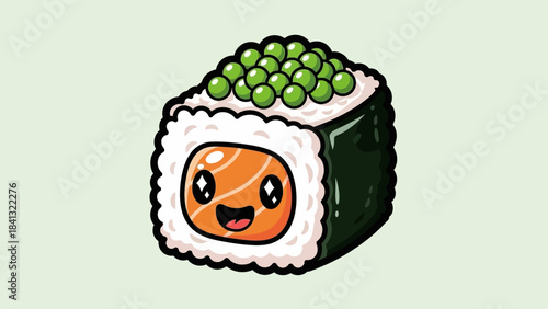 Cartoon sushi roll with a happy face, seaweed wrap, salmon filling, and green roe topping.