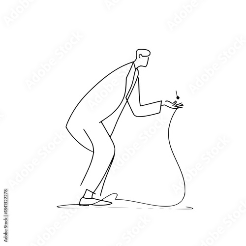 Man in suit throwing something into a bag in a minimalist line drawing style illustration