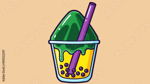 Cartoon illustration of a bubble tea drink with green topping and purple straw.