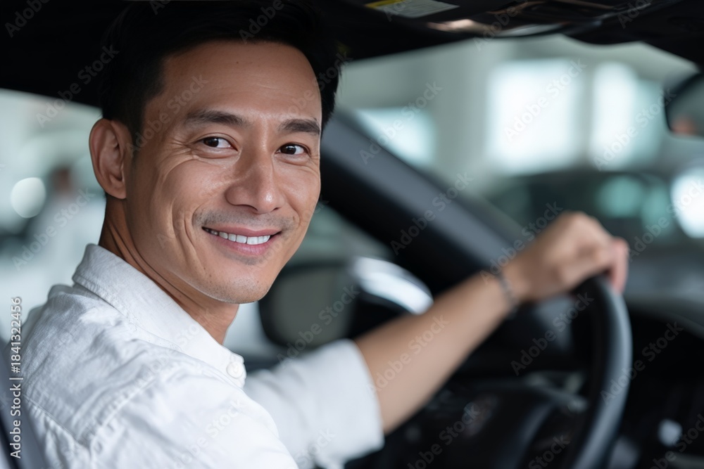 Obraz premium Asian young adult male smiling in car interior