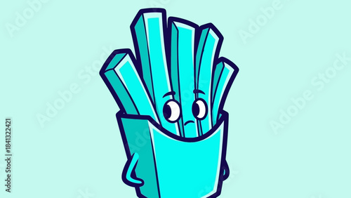 Cartoon illustration of sad blue french fries in a container.