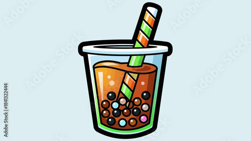 Illustration of a cup of bubble tea with a straw and tapioca pearls.