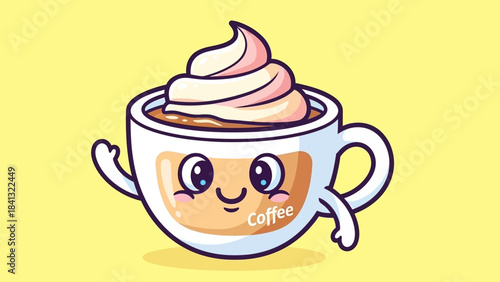 Cartoon coffee cup with whipped cream and a friendly face waving hello on a yellow background.