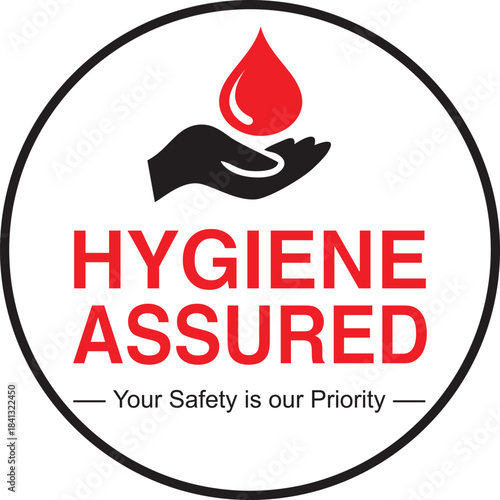 Hygiene assured vector illustration with hand and water drop symbol, emphasizing safety as a priority in a clean and health-focused environment