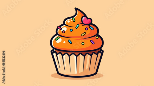 Illustration of a cupcake with orange frosting, sprinkles, and a heart decoration on a light orange background.