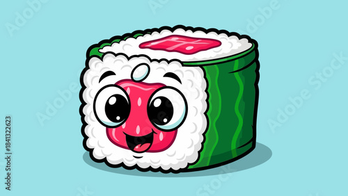 Cartoon sushi roll with a cute face and seaweed wrapper on a blue background.