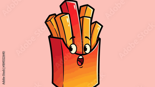 Cartoon French fries in a red container with a surprised expression on a pink background.
