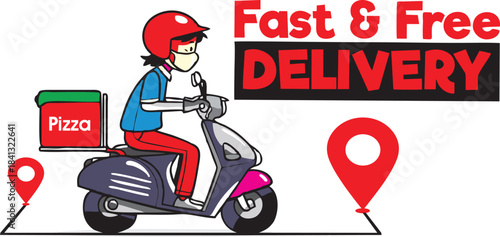 Fast and free delivery service featuring a cartoon delivery person on a scooter with a pizza box and location pins, ready for quick transport
