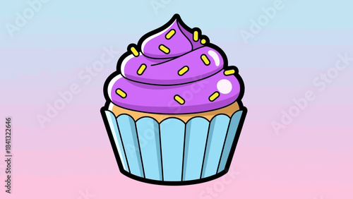Illustration of a cupcake with purple frosting and yellow sprinkles on a blue wrapper.