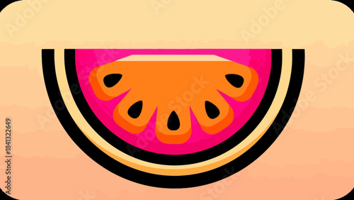 A colorful cartoon illustration of a watermelon slice with a pink interior and orange flesh.