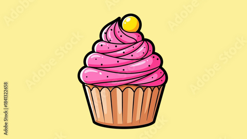 Illustration of a cupcake with pink frosting and a yellow candy on top.