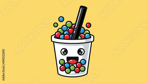 Cartoon illustration of a bubble tea cup with a happy face and colorful tapioca pearls.