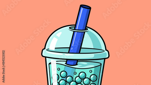 Illustration of a bubble tea drink with a blue straw on a peach background.