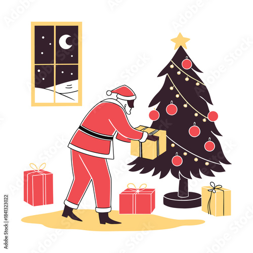 Santa claus decorating a christmas tree with presents on a festive night indoors at home