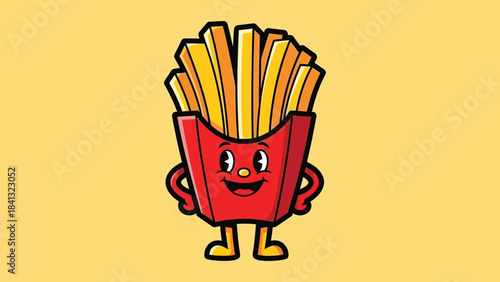 Cartoon french fries character with arms and legs standing on a yellow background.