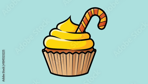 A cartoon cupcake with yellow frosting and a candy cane on a light blue background.