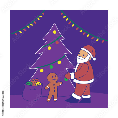 Santa claus decorating a christmas tree with a gingerbread man on a purple background with colorful lights and ornaments