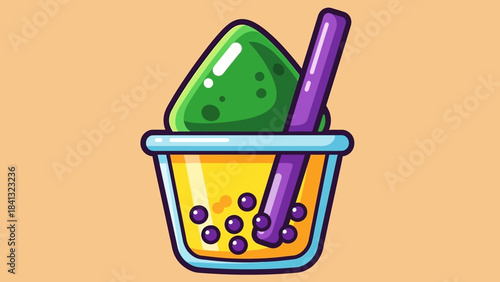 Cartoon illustration of a bubble tea drink with green topping and purple straw in a clear cup.