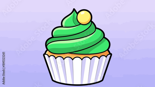 Cartoon cupcake with green frosting and a yellow candy on top.