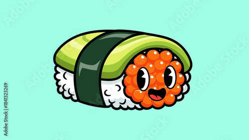 Cartoon sushi with avocado, seaweed, and fish roe, featuring a cute face and a light blue background.