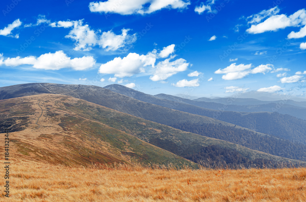 Obraz premium A mountain landscape with rolling hills covered in dry grass in the foreground and receding ridges under a bright blue sky with white clouds.
