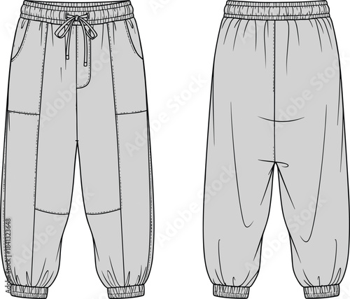 Jogger pants technical sketch, front and back view, fashion design, elastic waistband, drawstring tie, side pockets, panel detail, cuffs