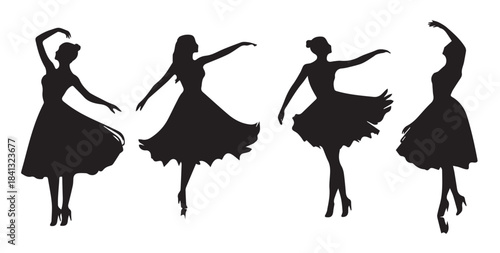 dancing girl group black silhouette female figure isolated
