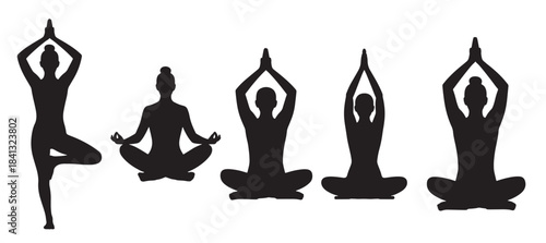  diverse black silhouettes of people practicing yoga in