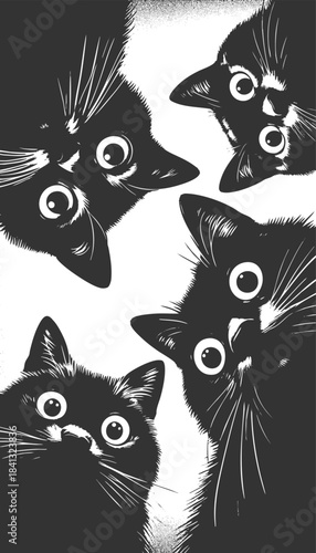 Adorable group of curious black cats with big eyes peering downward sketch engraving generative ai fictional character vector illustration. Scratch board imitation. Black and white image.