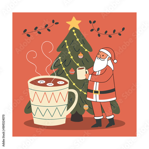 Santa claus standing beside a decorated christmas tree with a hot cup of cocoa on a festive holiday background