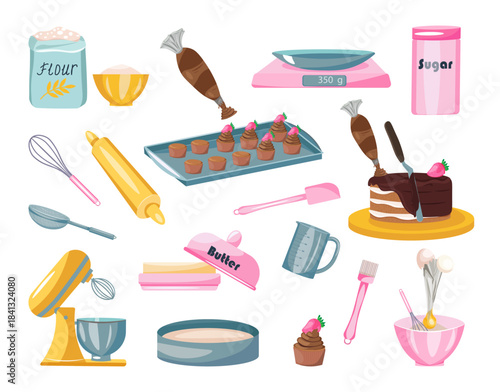 Baking tools set on the white background. Kitchen utensils and aplliance. Mixer, flour sifter, batter dish, baking sheet with chocolate cupcakes, cake, kitchen scale, measuring cup.