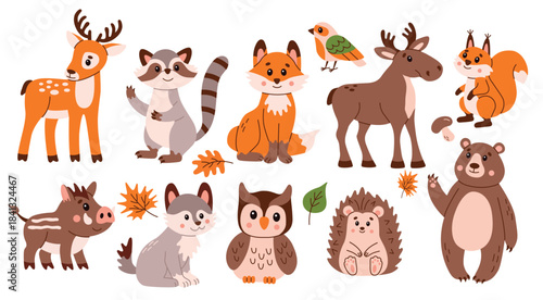 flat style illustration featuring a collection of cute 