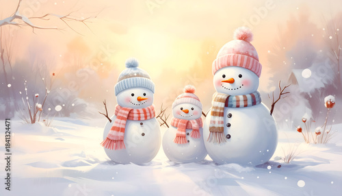 Cute snowman family wearing scarves and hats in snowy field at sunrise, whimsical warm glow and joyful mood