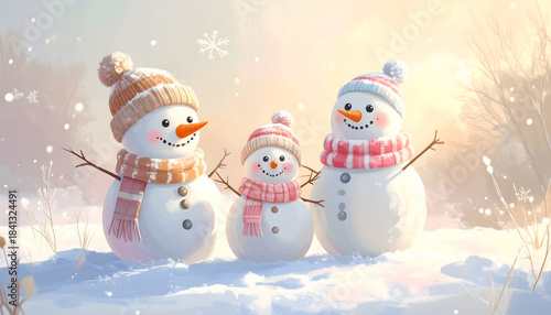 Cute snowman family in snowy field wearing scarves and hats with soft lighting and whimsical joy