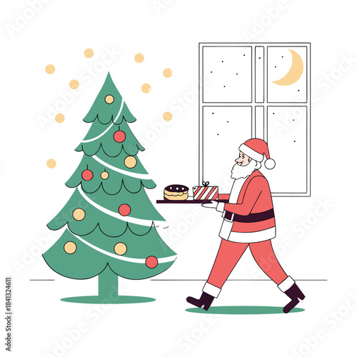 Santa claus walking with a tray of christmas treats next to a decorated tree on a snowy night