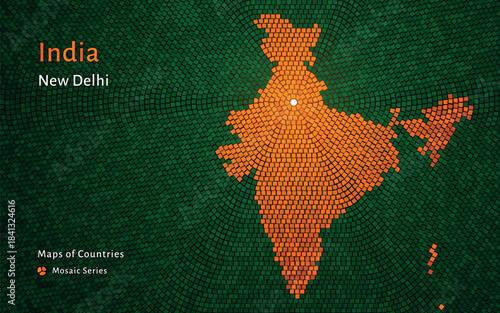 India Hexagon Mosaic Map in Flag Colors with New Delhi Capital. Glossy Luxury